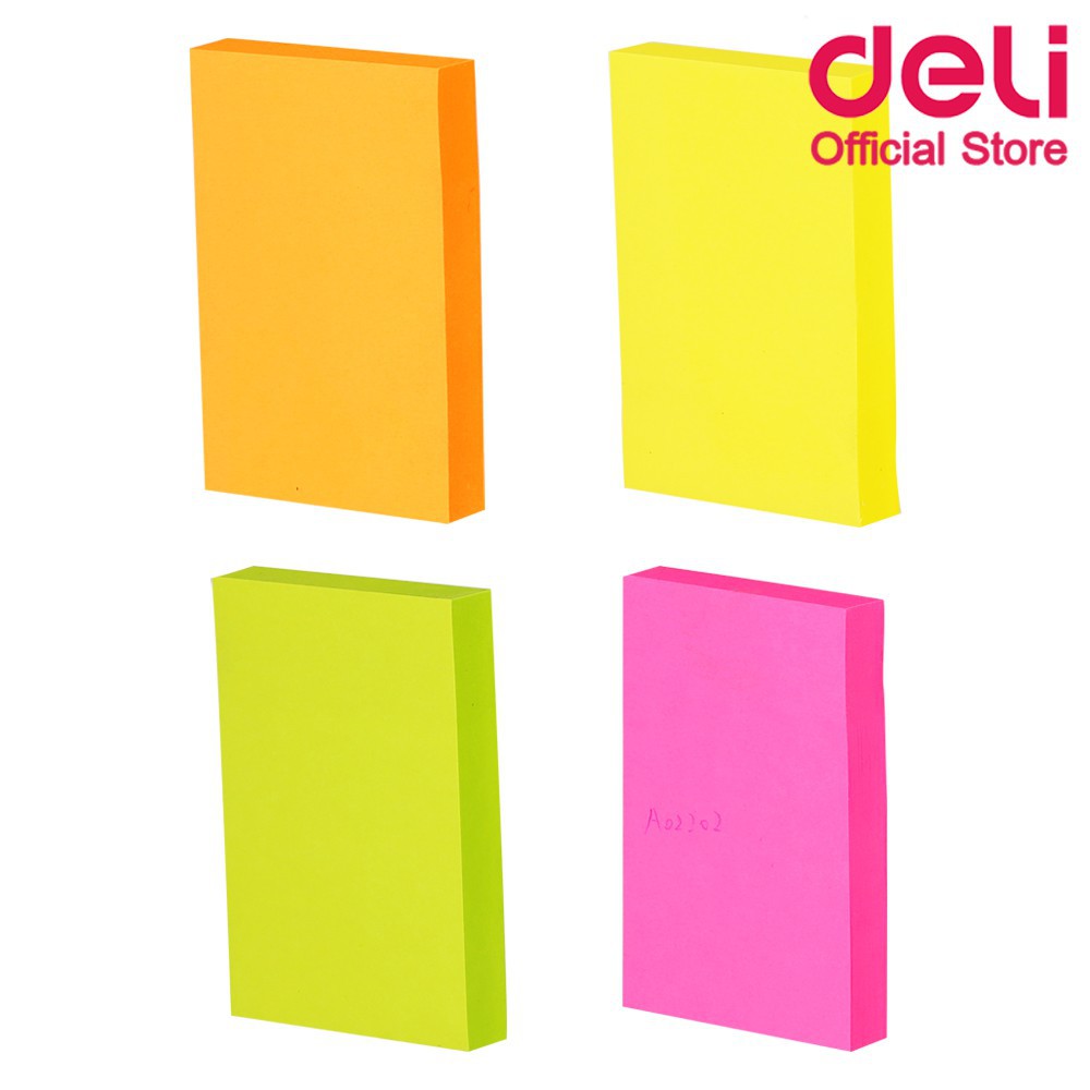 Sticky note กระดาษโน๊ตมีกาว 76×51 มม. สีนีออน 100แผ่น/ก้อน คละสี deli รุ่น A02202