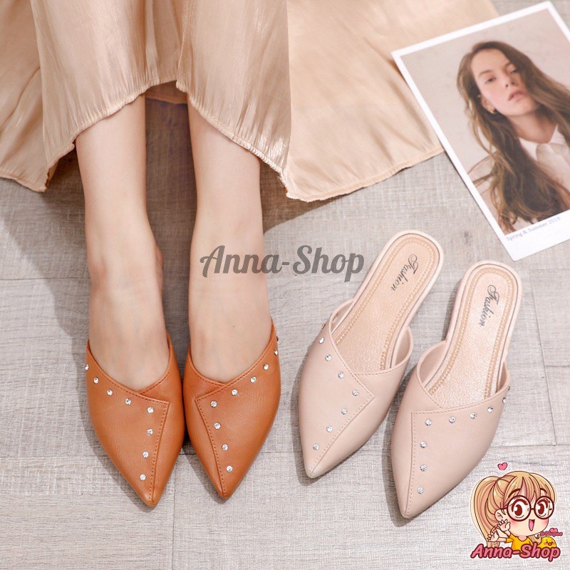 👡🩰รองเท้าหัวแหลมแต่งหมุด เปิดส้น 🎈👒นิ่ม สวมใส่สบาย เวอร์ชั่นเกาหลี T21
