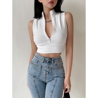 ⚡Zane Front zip Crop Top⚡ ครอปซิปหน้า แขนกุด สไตล์ฝรั่ง_Gioia.991  ( #gii342 )