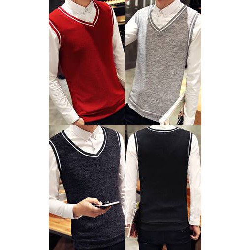 เสื้อกั๊กไหมพรมผู้ชาย ขอบเส้นขาว พร้อมส่ง