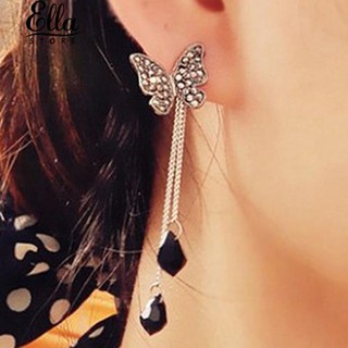 เลดี้ Beautiful Rhinestone Butterfly ยาวตุ้มหู Dangles Earrings