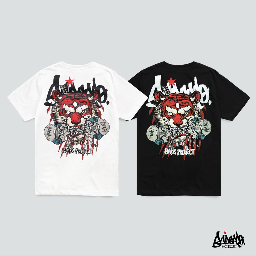 11.11 SALE ® เสื้อยืดลาย แนวสตรีท รุ่น เสือ-คาบ-สเก็ต สีดำ สีขาว ( ลิขสิทธิ์แท้ ) แขนสั้น เสื้อยืดชาย TS