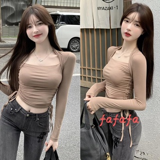 FAFA-Women Long Sleeve Tops with Adjustable Drawstring, Solid Color Skinny Version Navel Clothing