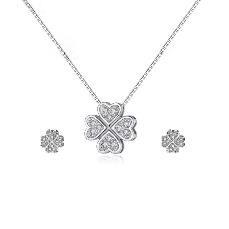 925 Hue Ngan สร้อยคอเงินและต่างหูอิตาลี Combo - Lucky four-leaf clover PP1504-RYE140726