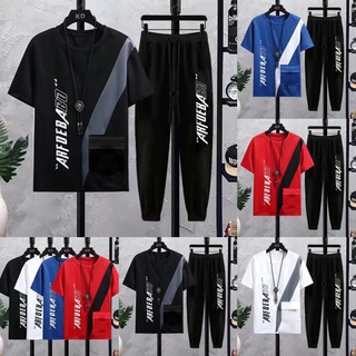 🔥COD🔥แฟชั่นผู้ชาย เสื้อยืดคอกลม ใส่สบาย สไตล์เกาหลี+กางเกงขายาวลำลอง สำหรับผู้ชาย พิมพ์ลายภาษาอังกฤษแฟชั่นฤดูร้อนและการพักผ่อนผ้าจะนุ่มขึ้นS-3XL