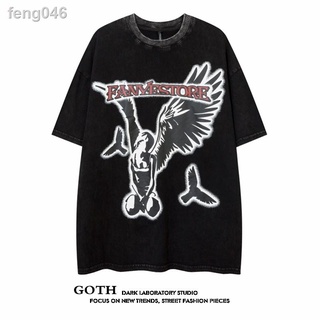 feng046GOTH Gothic tide American retro ล้าง old angel ภาพแขนสั้นเสื้อยืดผู้ชายและผู้หญิงหลวม hip-hop ครึ่งแขน