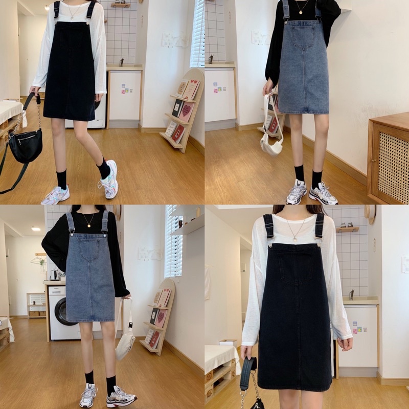Many Jeans DressOveralls เอี๊ยมกระโปรงยีนส์แบบสั้นสียีนส์ สีดำ(สินค้าพร้อมส่งในไทย)
