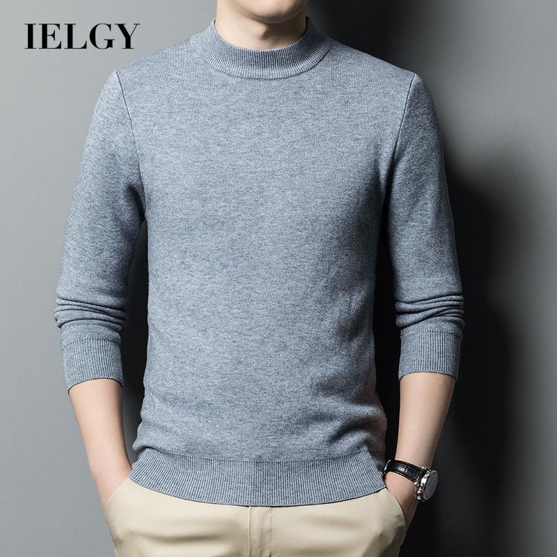 IELGY เสื้อสเวตเตอร์สีทึบคอปกสูงครึ่งตัวสําหรับผู้ชายเป็นแฟชั่นและลําลอง