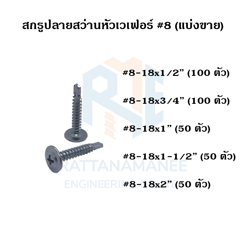 สกรูปลายสว่าน เกลียวปล่อยปลายสว่าน สกรูเจาะเหล็ก หัวเวเฟอร์ #8 สีขาว (แบ่งขาย)