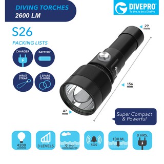 ไฟฉายดำน้ำลึก S26 สว่าง 2600 LM (DivePro)  **NIGHT DIVE TORCH**