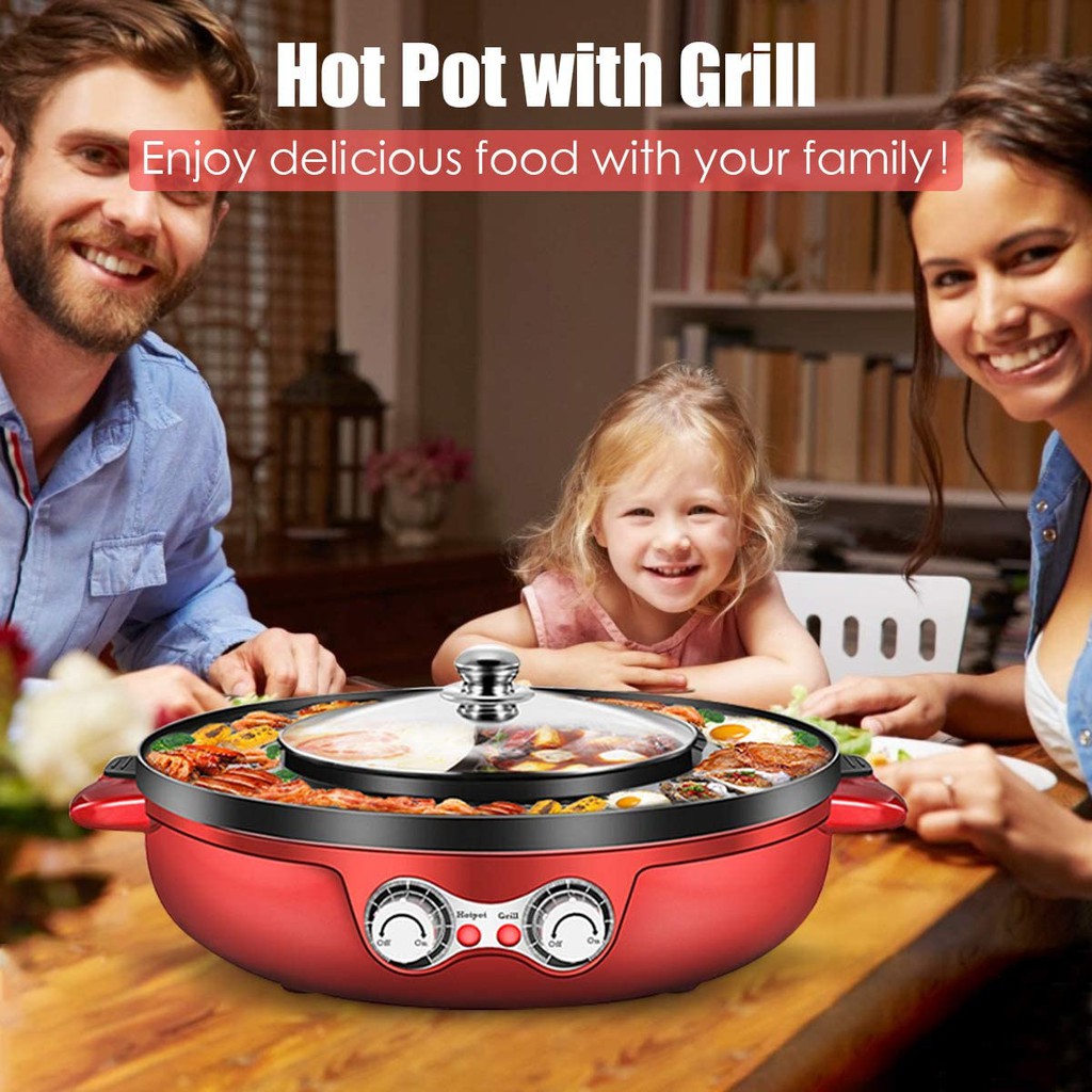 InLoveArts 2200W 2 in 1 Electric Smokeless Grill and Hot Pot 110V Split for Easy Cleaning,Portable Electric Hot Pot Grill and Indoor Barbecue Grill 