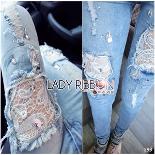 󾔏 Lady Ribbons Made 󾔏 Lady Sophie Embellished Lace Ripped Skinny Jeans กางเกงยีนส์ขายางทรงสกินนี่