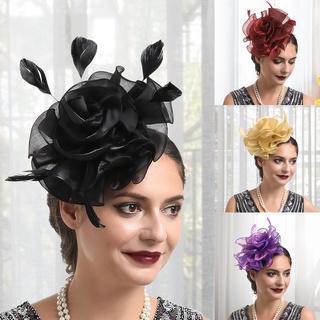 Lk-faux ขนนก มินิ Fascinator หมวก เส้นด้ายตาข่าย รูปดอกไม้ สีพื้น ค็อกเทล หมวกกันน็อก อุปกรณ์ผม