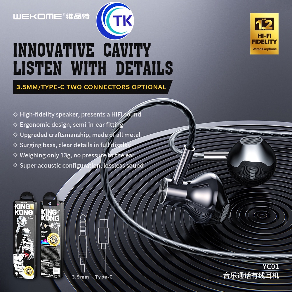 WK YC01 หูฟังอเนกประสงค์ คุณภาพเสียงดี มีสองพอร์ต AUX 3.5mm และ Type-C มีไมค์ในตัว ฟังเพลง ปรับระดับเสียงได้