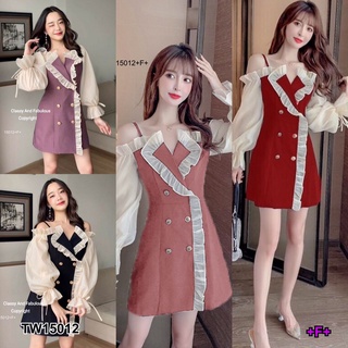 TwinsShopVip💗พร้อมส่ง TW15012 เดรสสายเดี่ยวแขนซีทรูปกระบาย
