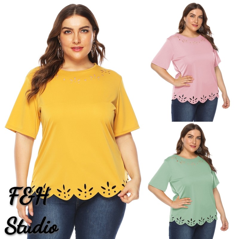 F&H 1705-3 สี L-4XL ลําลองพลัสไซส์ผู้หญิงเสื้อคอกลมแขนสั้น