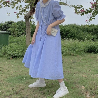 เดรสสั้นแขนยาวสีน้ำเงินสำหรับเด็กผู้หญิง