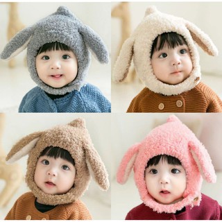 [พร้อมส่ง] หมวกเด็ก 4เดือน - 2ปี หมวกกันหนาว ผ้าขนแกะ แต่งหูกระต่ายหูยาว 🐰