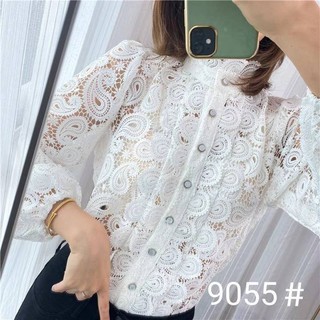 9055# 💚เสื้อลายลูกไม้แขนยาว คอเต่า แขนจั้ม ชายแขนเป็นสม็อค กระดุมหน้า สไตล์เกลี น่ารักๆ (ไม่มีเสื้อซับใน​นะคะ)​