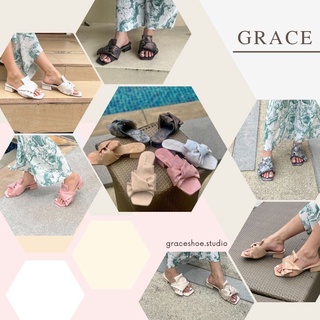 GRACE โบว์ใหญ่ประกายเพชร รองเท้าแตะส้นสูง 1.5 นิ้ว ไซส์ 36 - 43 รองเท้าแฟชั่น เปิดส้น สวยไม่ซ้ำใคร