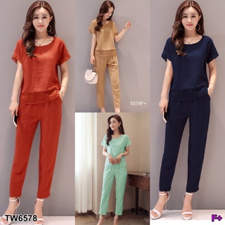 👗Pfashion [ส่งไว!!🚛] P6578 Set 2 ชิ้น เสื้อสีพื้น+กางเกงขาห้าส่วน   Set of 2 pieces, solid color shirt + pants