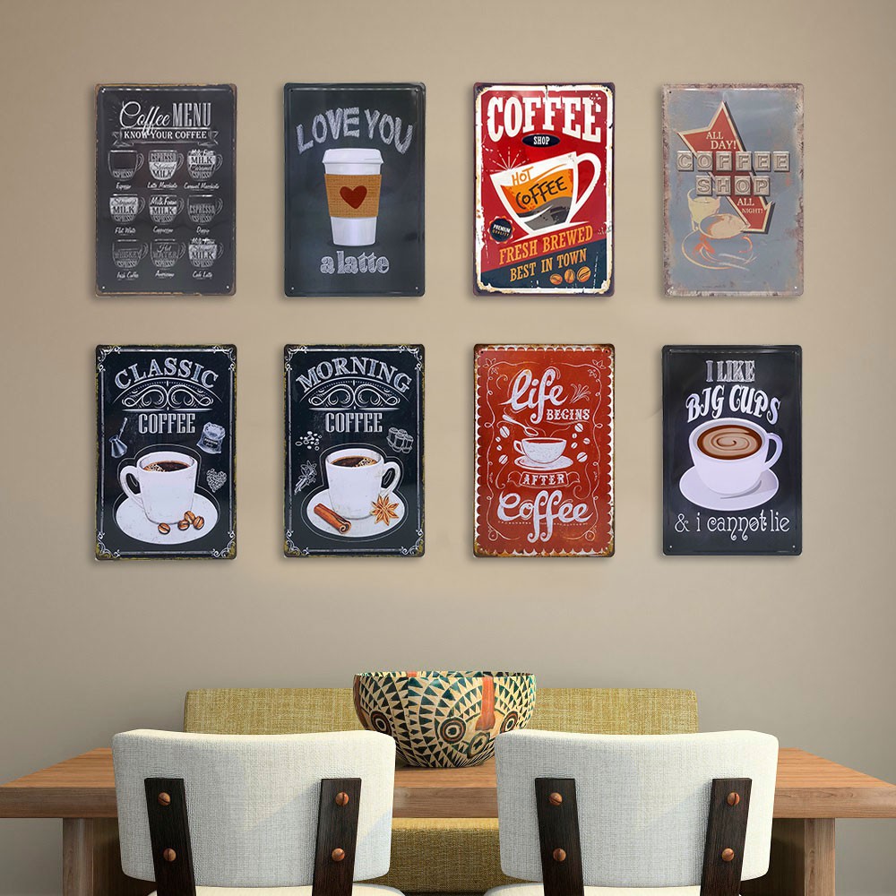 ป้ายสังกะสีวินเทจ (ปั๊มนูน) ชุดกาแฟ Coffee Shop ขนาด 20x30 ซม. ตกแต่งร้านกาแฟ [ราคาต่อแผ่น]