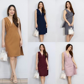 แฟชั่น Dress คอลึก 🔸สี : น้ำตาล,ชมพู,เทาเข้ม,กรม,แดงไวน์