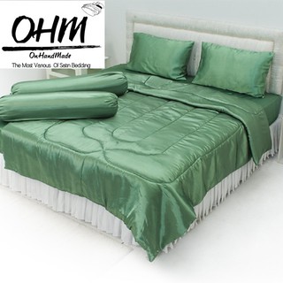 OHM ผ้าปูที่นอน ผ้าเครปซาติน 220 เส้น ขนาด 6 ฟุต 3 ชิ้น (สีเขียวปีกแมลงทับ)