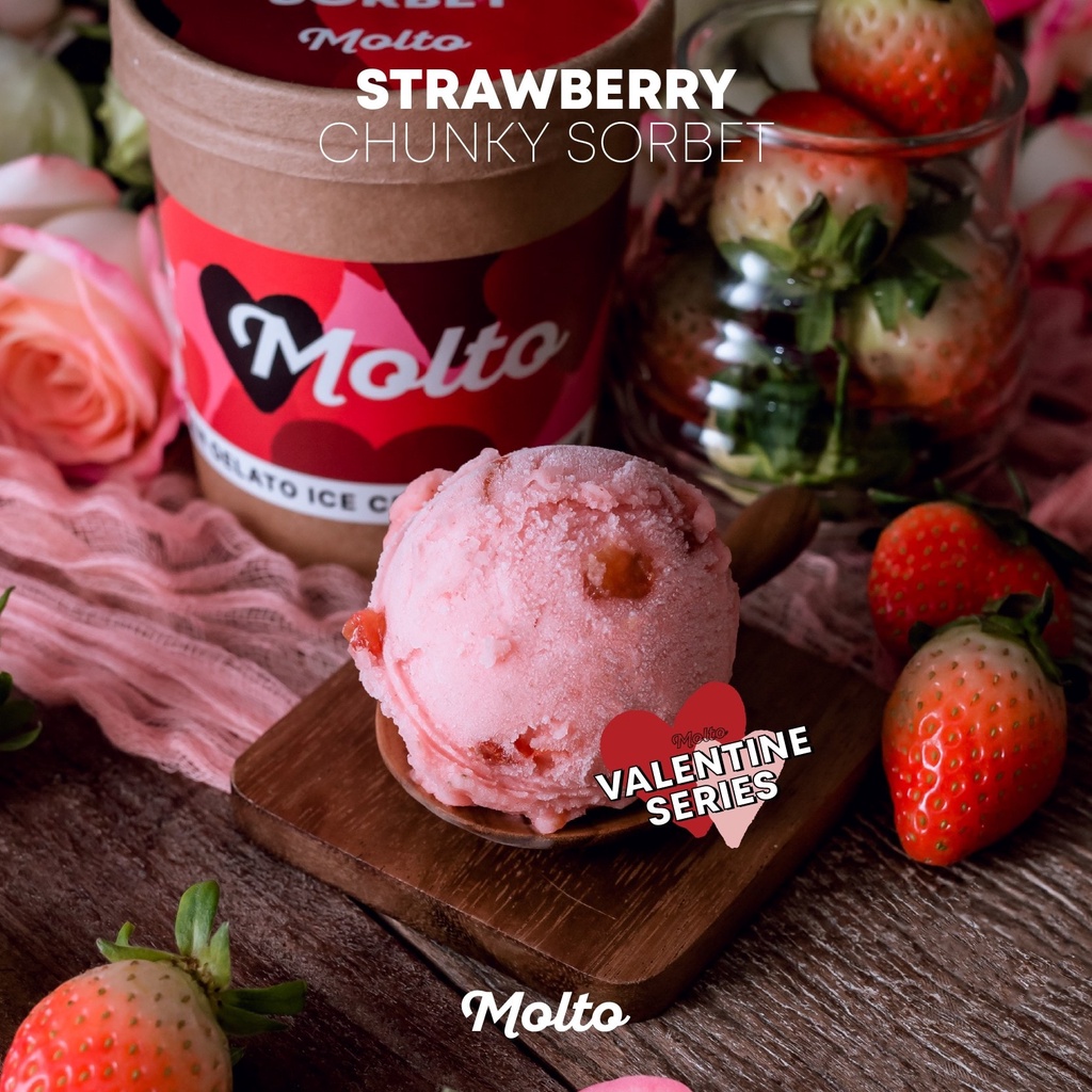 Strawberry Chunky Sorbet (ไอศกรีม สตรอว์เบอร์รีซอร์เบท์1 ถ้วย 16 oz.) - Molto premium Gelato