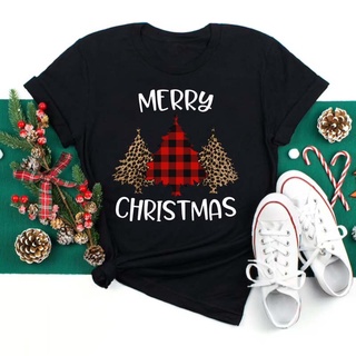 Merry christmas women t shirt fashion leopard Plaid tree print t shirt cute new year tops tee ladies graphic fem 80