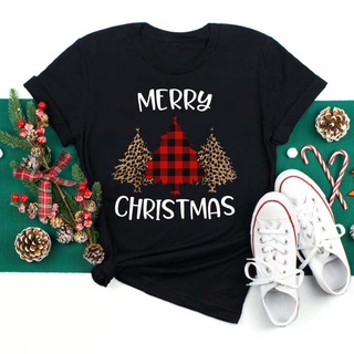 เสื้อยืดMerry christmas women t shirt fashion leopard Plaid tree print t shirt cute new year tops tee ladies graphic fem