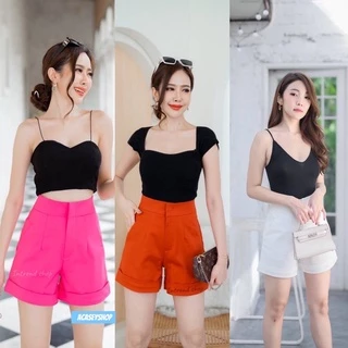 Acasey กางเกงขาสั้นผู้หญิง เอวสูง ขาพับดีไซน์กระเป๋า3เหลี่ยม งานตัดเย็บทางร้าน ใส่แล้วหุ่นดี มีS-3XL