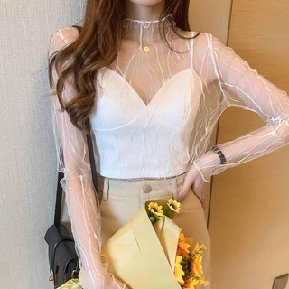 Autumn Temperament Long Sleeve Lace Top Womens Thin Small Shirt Korean Style Versatile See-through Sexy Mesh Bottoming Shirt