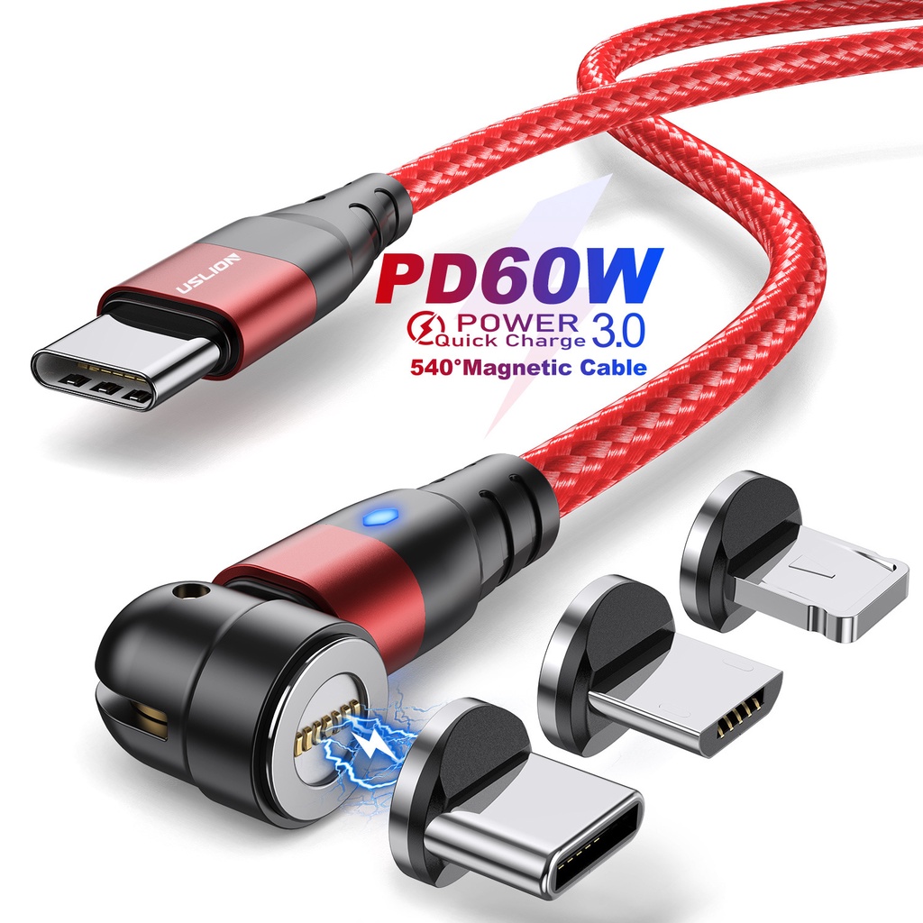 Uslion PD60W โคมไฟเพชรสายแม่เหล็กชาร์จโทรศัพท์มือถือสามในหนึ่งเดียวแม่เหล็ก 540 องศา 3A สายเคเบิลข้อมูลดัด