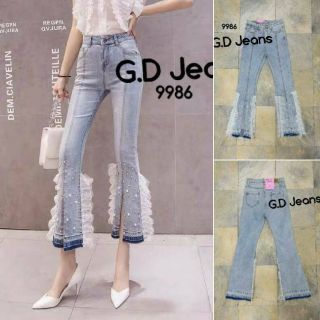 G.D.Jeans รุ่น 9986 #กางเกงยีนส์ผ้ายืดสีซิดขาม้าเล็กต่อมุกติดลูกไม้ข้างตามแฟชั่นมี ความยาว37นิ้ว  💦💦