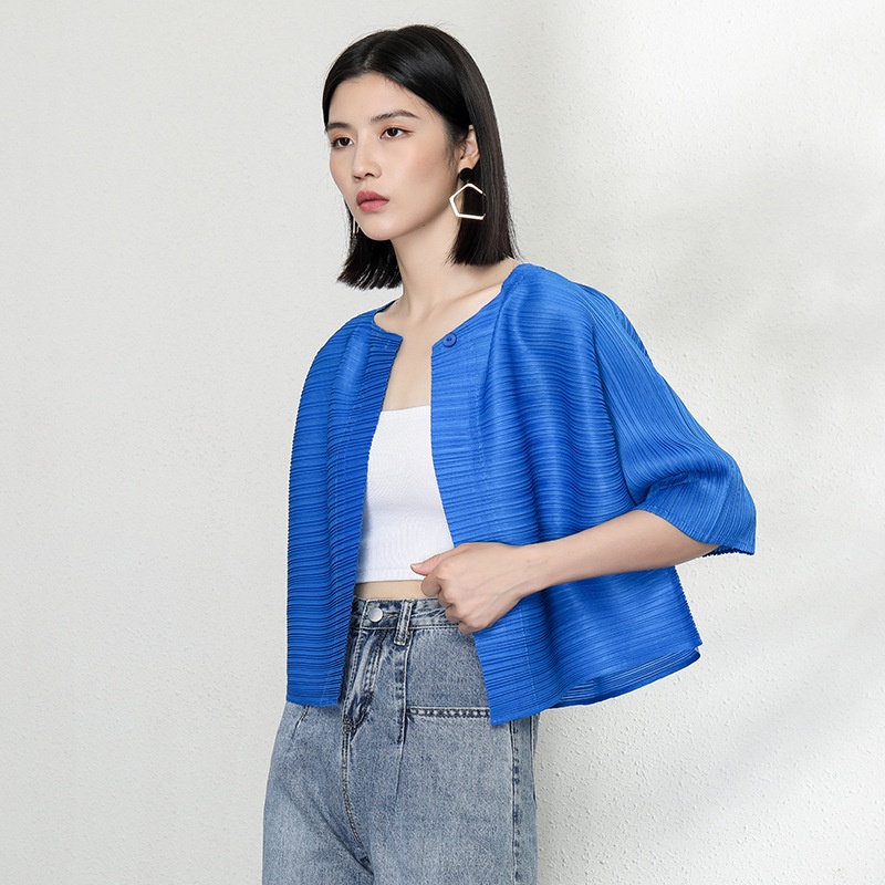 มิยาเกะ จีบแฟชั่นคาร์ดิแกนด้านบนผู้หญิง 2021 สบายๆหลวมสั้นด้านนอกแจ็คเก็ตขนาดเล็กเสื้อเครื่องปรับอากาศ