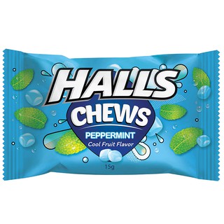 3 ซอง ฮอลล์ชิวส์ลูกอบเคี้ยวหนึบกลิ่นเปปเปอร์มินต์ 15กรัม Halls Chews Chewy Balls Peppermint Flavor 15g.