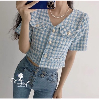 พร้อมส่ง🧁 2 color🍭 เสื้อครอปแขนสั้น ผ้าทวิต🍧 chattiya