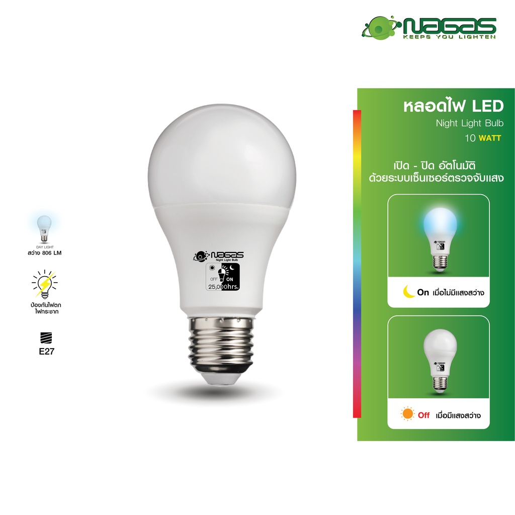 Nagas หลอดไฟ Led รุ่น นวัตกรรม Night Light Sensor 10 Watt Daylight ขั้ว E27  หลอดไฟกลางคืน | Shopee Thailand