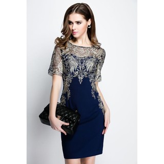 ชุดเดรสลายปัก Luxury Dress สไตล์ยุโรป สี Dark Blue