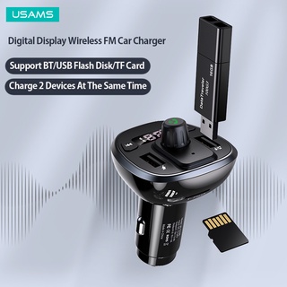 Usams C21 Dual USB 3.4A จอแสดงผลดิจิทัล ไร้สาย FM ชาร์จเร็วในรถยนต์ พร้อมสายเคเบิลสปริง