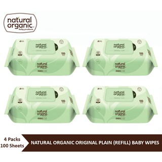 Natural Organic, Original Plain Baby Wipes (Refill Type,4*100 Sheets) ทิชชูเปียก เนเชอรัลออแกนิค รุ่นออริจินอล ไม่มีฝา