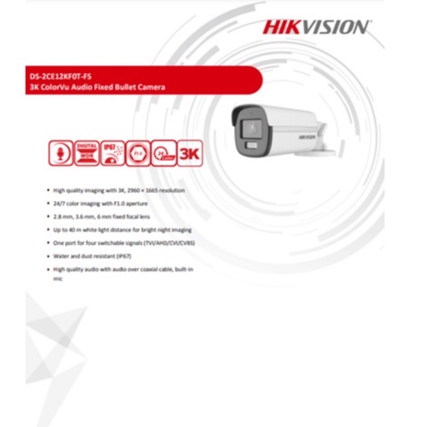 Hikvision 3K กล้องวงจรปิด รุ่น DS-2CE12KF0T-FS,DS-2CE12KF0T-LFS 2.8mm. 1ตัว