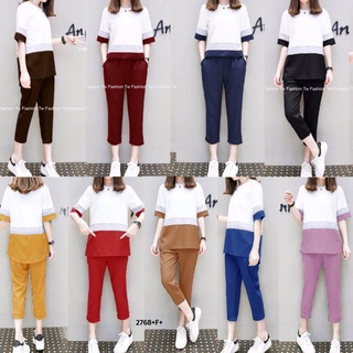 2768 เซต 2 ชิ้น เสื้อแขนศอก ตัดต่อผ้า3สี + กางเกงขาหกส่วน