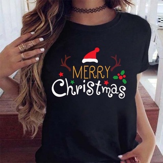 Merry Christmas letter Christmas hat cartoon print round neck womens black short sleeve T-shirt 471