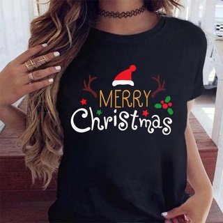 T-Merry Christmas letter Christmas hat cartoon print round neck womens black short sleeve T-shirt