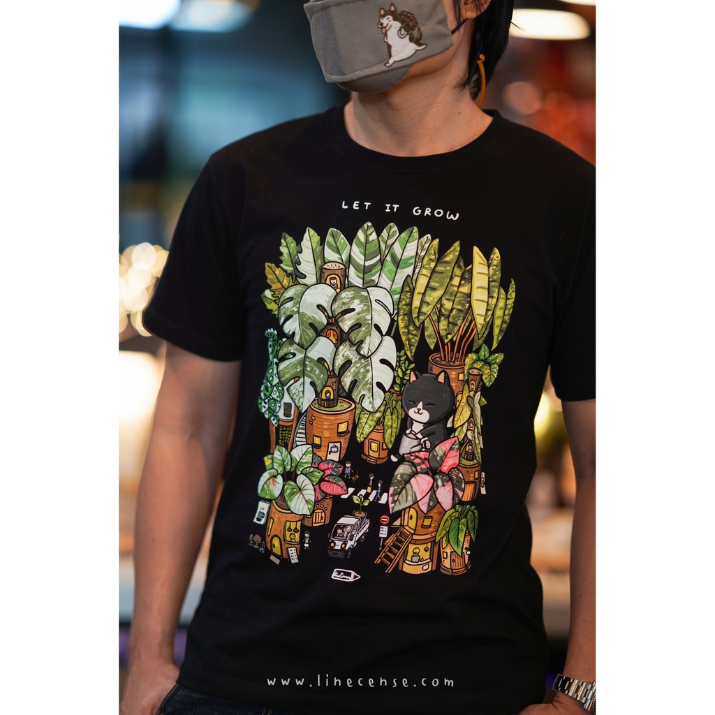 "Variegated Let it Grow" Black T-shirt เสื้อยืดคุณภาพ สีดำ ลายหมู่บ้านต้นไม้ด่าง Premium cotton100