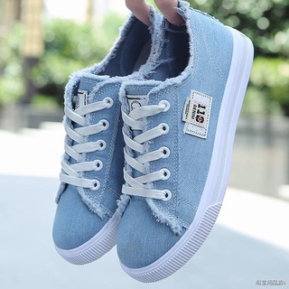 ☊❧✗Canvas Shoes Woman 2021 New Arrival Lace-up Spring/autumn Sneakers for Girls Fashion Denim Solid Blue/White Casual Sh