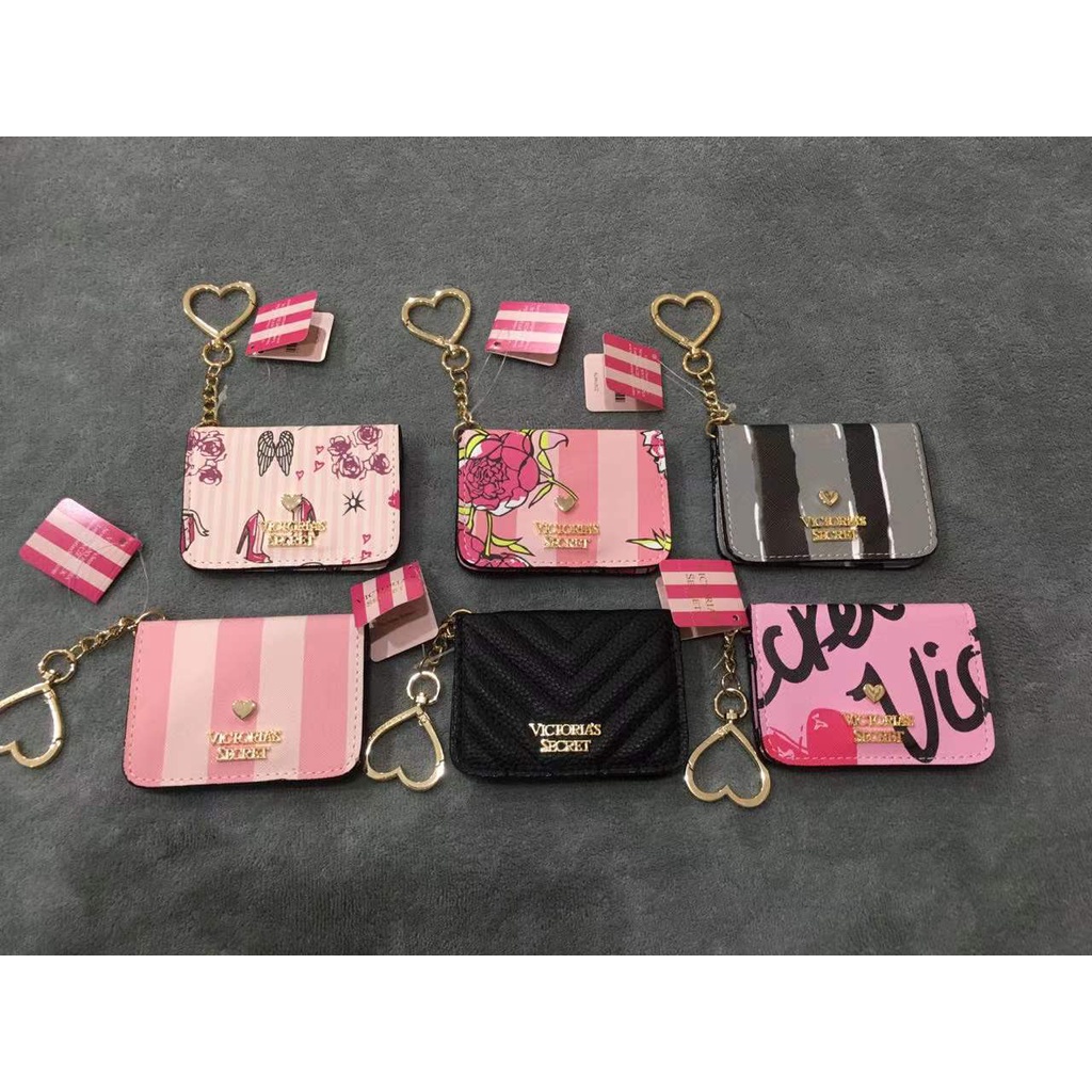 ใหม่ victoria'secret ผู้หญิง PU กระเป๋าใส่บัตรเหรียญพร้อมพวงกุญแจ VS แขนสองพับกระเป๋าสตางค์หลายใบ