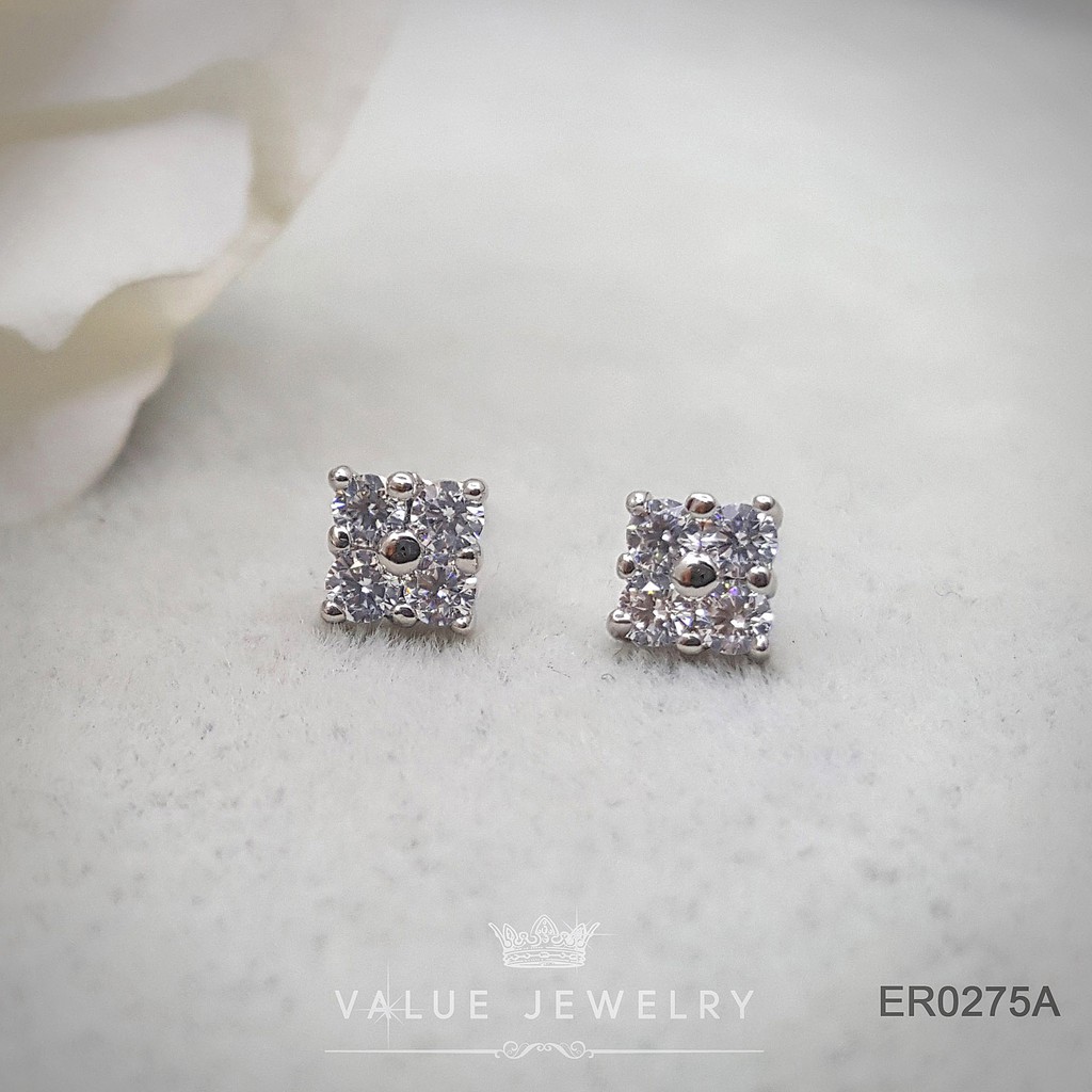 ต่างหูแป้น ฝังคริสตัลกลม ทรงสี่เหลี่ยม ขนาดเล็ก ตุ้มหู เครื่องประดับ ER0275 ValueJewelry